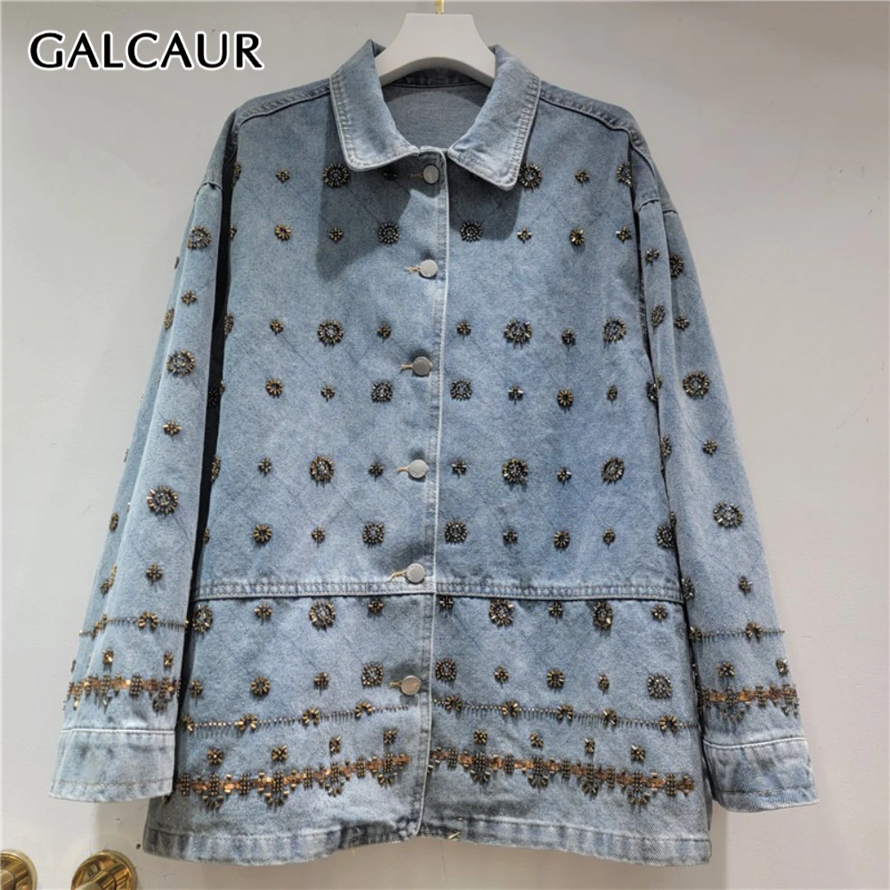 

Женская куртка GALCAUR синего цвета с бисерной отделкой, шикарная, с отложным воротником, длинными рукавами, свободного кроя, в винтажном стиле, осенняя мода, новый стиль