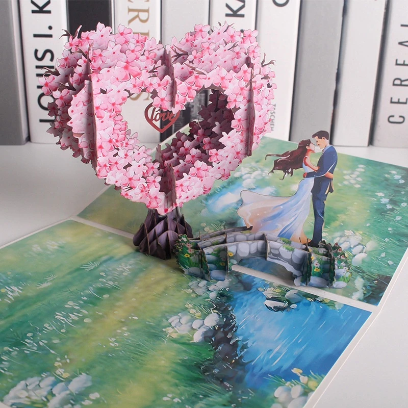 Tarjetas de Felicitación Pop-Up 3D Románticas con Diseño de Árbol de Flores de Cerezo, Regalos para Parejas en el Día de San Valentín, Aniversario de Bodas