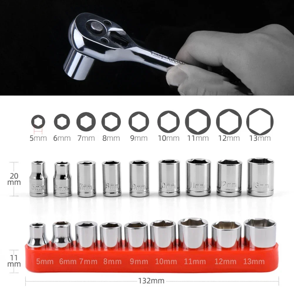 9pcs 1/4 Inch Drive 5mm-13mm Hex Bit Metric Socket Wrench Head Set Sleeve Wrench Adapter Auto Repairing Hand Tools Accessories