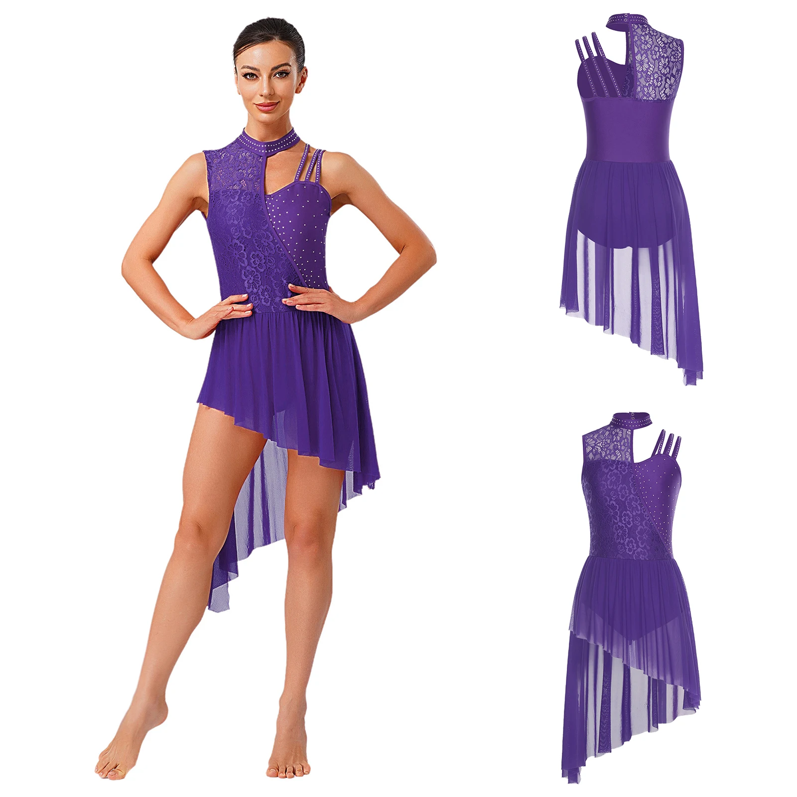 Frauen Ärmellose Strass Mesh Moderne Lyrical Dance Trikot Kleid Ballett Gymnastik Skating Bühne Leistung Dancewear – Detail 21