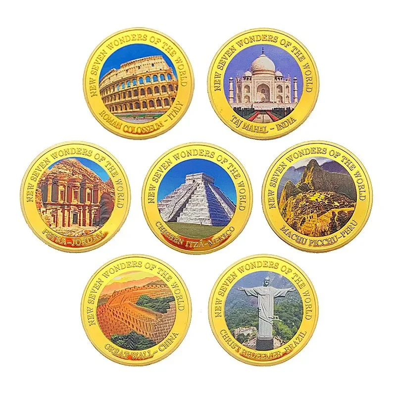 Seven Wonders of The World Collectible Coin Golden Plated Color Printing Great Buildings Souvenir Coins Excellent Gift