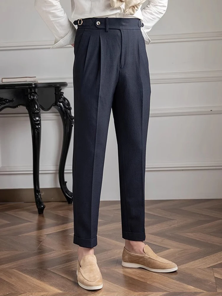 Classic Men's Solid Color High Waist Pants Spring Autumn Fashionable Pleated Slim Straight Trousers For Men Office Casual Pants