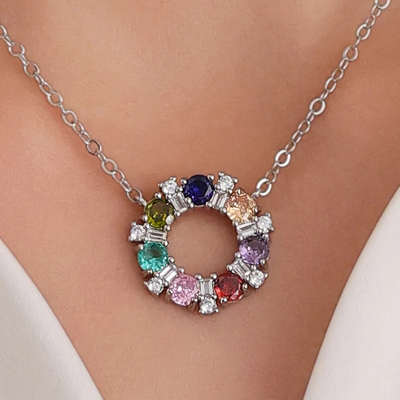 Regenbogen-Halskette mit 7 Farben, Zirkonia, Bling, zufällig, glänzend, bunt, Kreis, runde Charm-Kette für Damen und Herren, Unisex, Geschenk