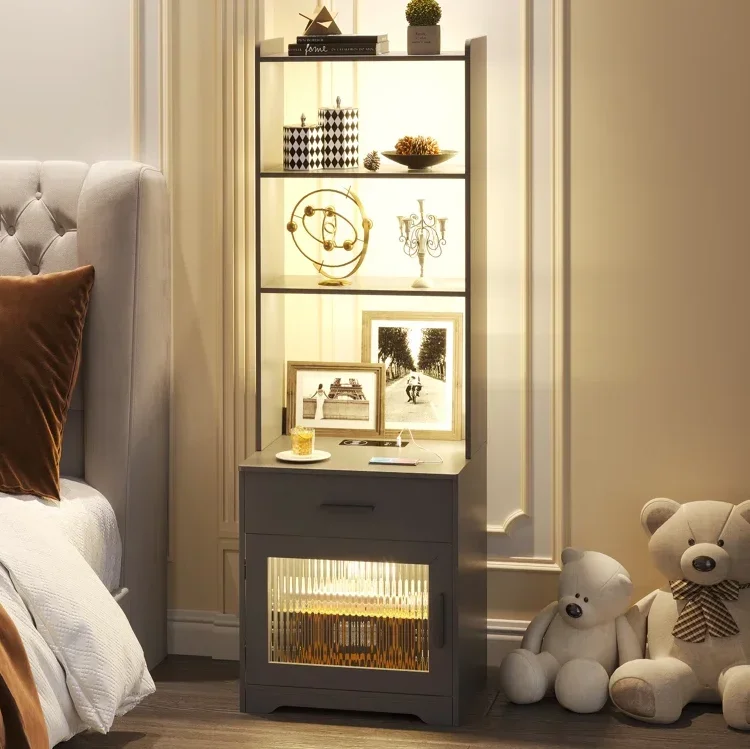 

2-in-1 Nightstand with LED Light Large Storage Capacity Bedside Table Modern and Fashionable Bedroom Cabinet