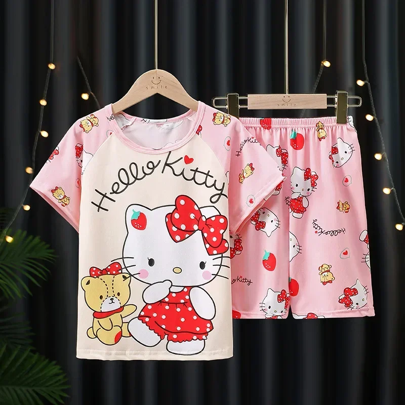 Sanrio hello kitty sleepwear children Pajamas Girls and Boys Summer Short Sleeve Shorts Set Home clothing T-shirt kuromi robes