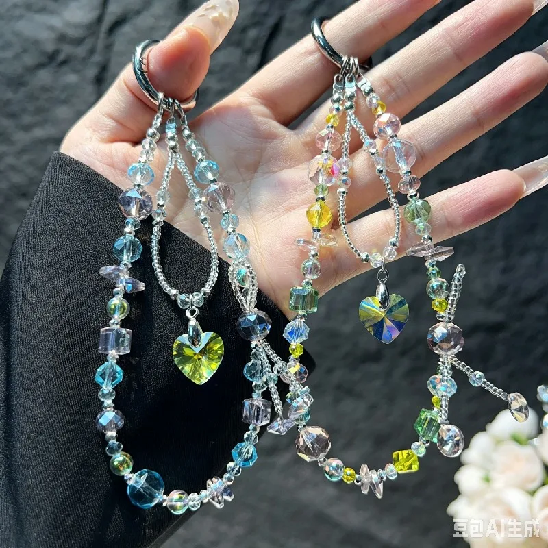 

Original Crystal Double-layer Woven Mobile Phone Lanyard, High-transparency Exquisite Light Luxury Car Keychain Pendant