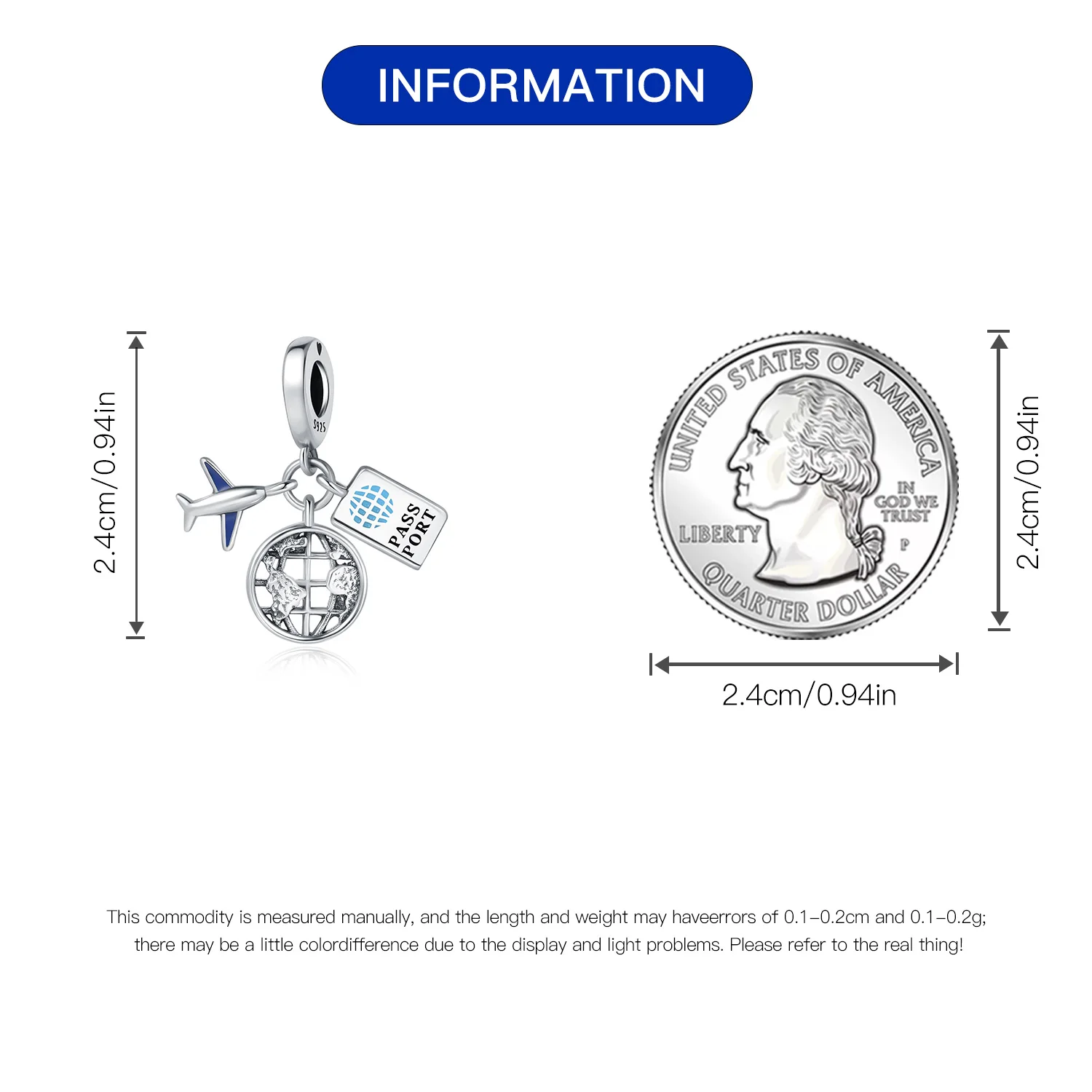 الأصلي 925 فضة سحر الفاخرة طائرة جواز سفر الأرض قلادة الخرز صالح سوار Diy بها بنفسك النساء صنع هدية حساسة