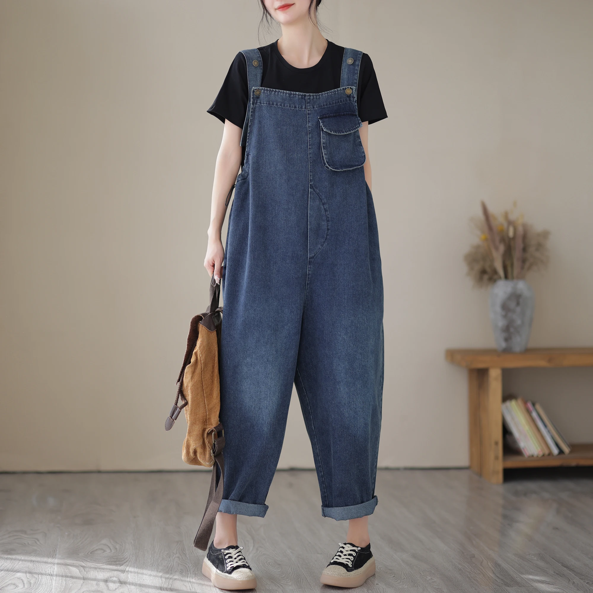 Overall Denim Longgar Modis Wanita Musim Semi Musim Panas Celana Tujuh Inci Pinggang Tinggi Gaya Korea Pengurang Usia Ukuran Kecil