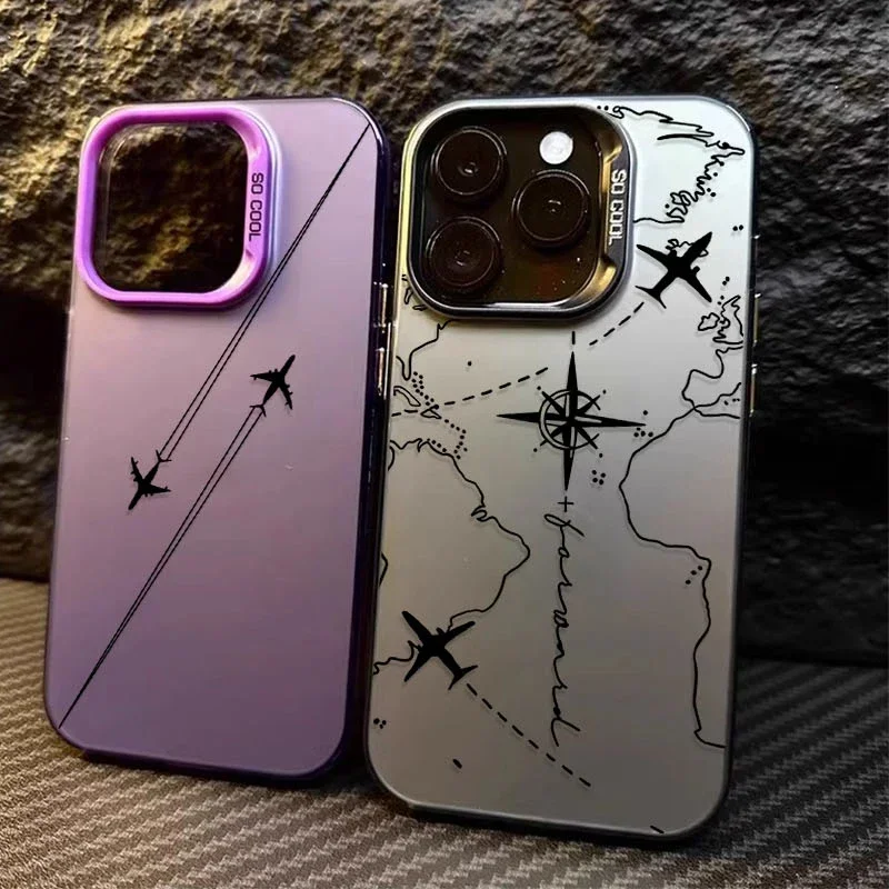 Shockproof Plating Matte Phone Case for iPhone 16 15 14 13 12 11 Pro Max XS X XR 8 7 Plus SE 2020 Travel Airplane Route Cover