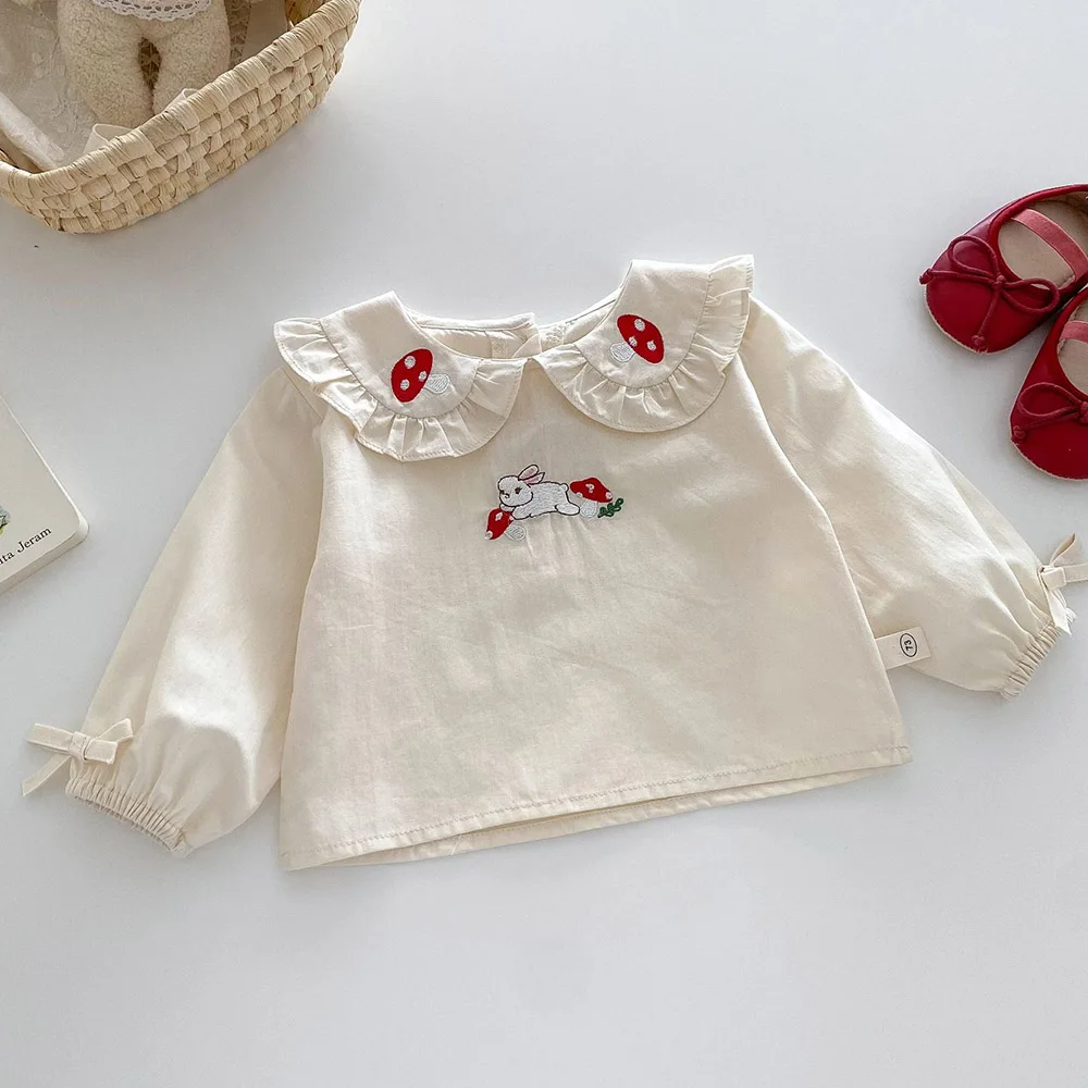 Toddler Girl Long Sleeve Tops Peter Pan Collar Ruffles Embroidery Princess Birthday Kids Boutique Clothing Girls Blouse