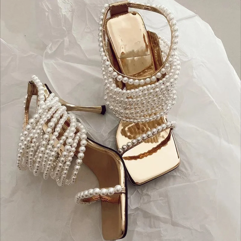 2024 Pearl Decoration Square Toe Golden Women\'s Sandals Summer Fashion Show Ladies Shoes Thin Heels Classics High-heeled Sandals