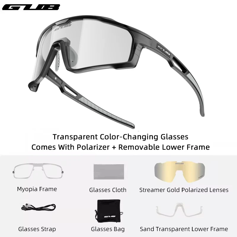 

GUB Photochromic Polarized Cycling Glasses 2 Interchangeable Lenses Windproof UV400 MTB Sunglasses for Men Women Outdoor Sport