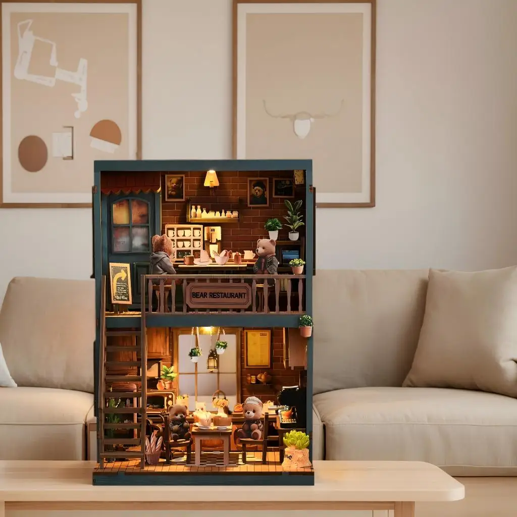 لتقوم بها بنفسك دمية خشبية لطيف الدب مطعم نموذج مصغر مع مجموعة الأثاث ثلاثية الأبعاد تجميع لعبة للأطفال الكبار هدية كازا #1