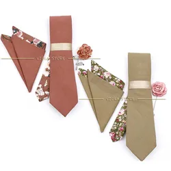 Luxury Patchwork Cotton Floral Solid 7cm Necktie Set Brooch Pin Handkerchief Men Wedding Party Floral Cravat Best Gift Accessory
