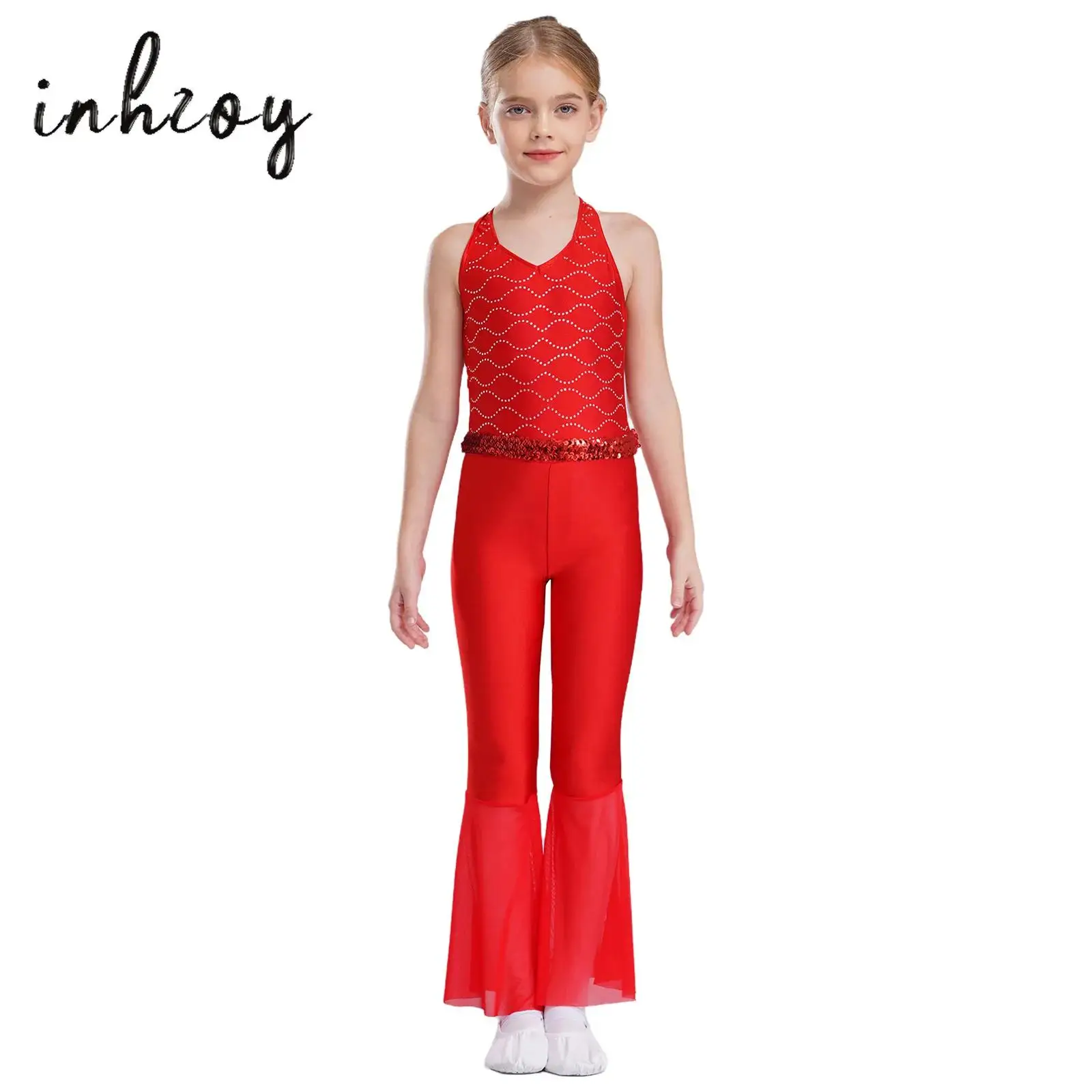 

Kids Girls Retro Disco Jazz Dance Jumpsuit Sheer Mesh Bell-Bottom Halter Full Body Leotard Bodysuit Latin Modern Dancing Wear