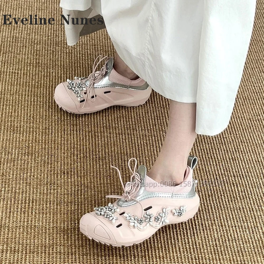 

Mesh Rhinestone Drawstring Patchwork Sandals Round Toe Height Increasing Hollow Out Pink Women Pumps Casual Luxury Shoes 2024