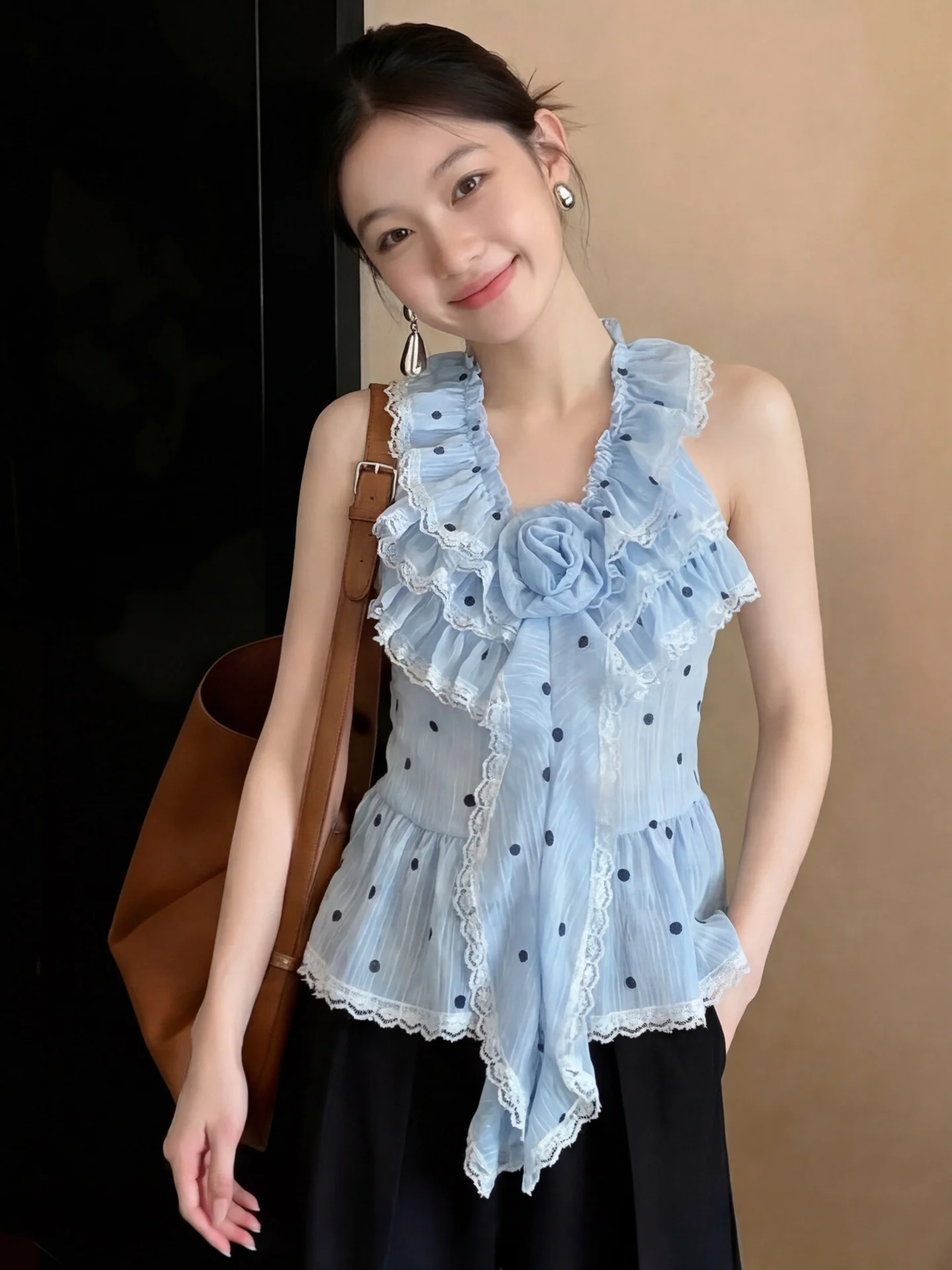 

Light Blue 3D Flower Suspenders Women's Summer New Polka Dot Shoulder Bared Sleeveless Shirt Top Lace Trim Regular Fit Other