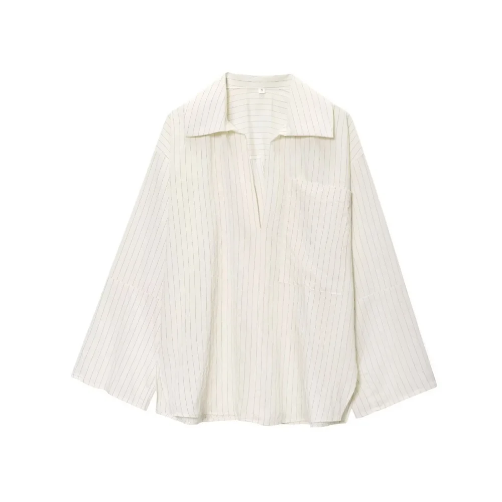 

striped slit loose shirt with long sleeved collar and patch pocket decoration summer new women's casual top