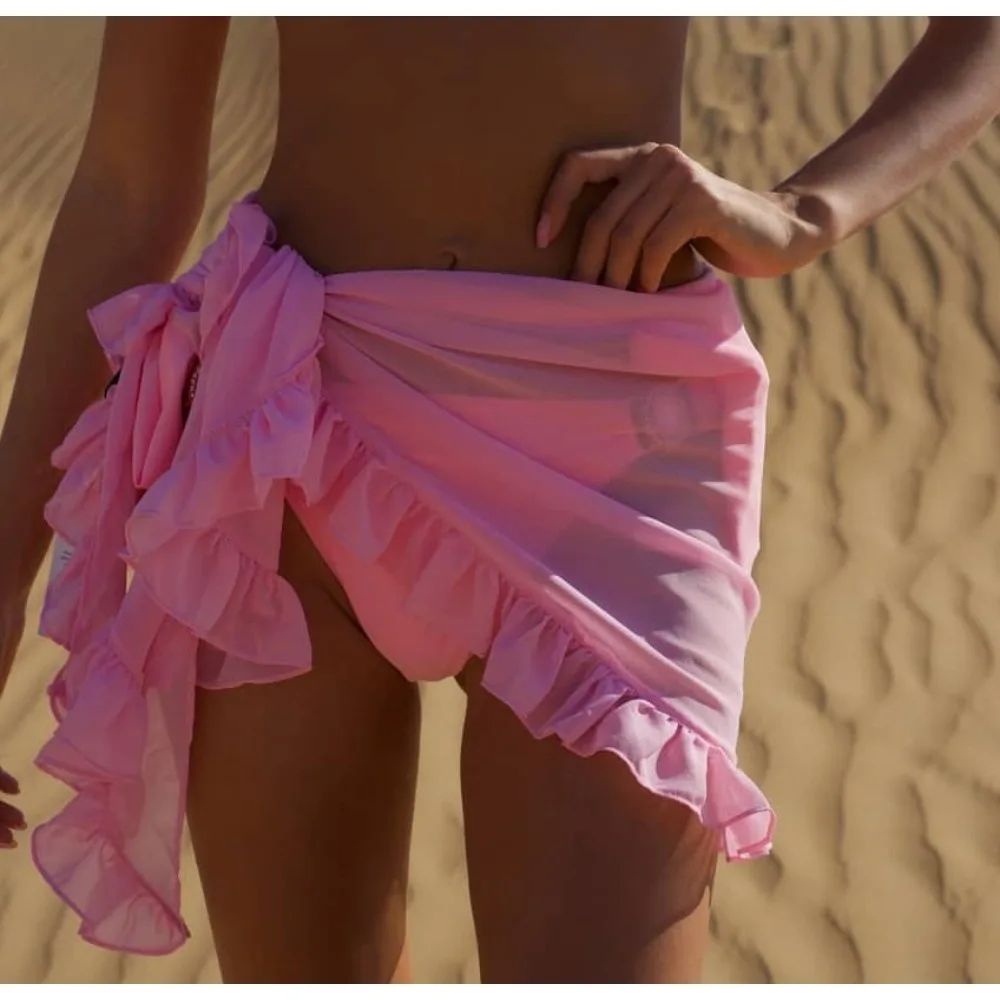 Sommer-Strandüberzug aus Chiffon für Damen – einfarbiger kurzer Rock und Bikinioberteil mit Rüschensaum, Sonnenschutzhemd