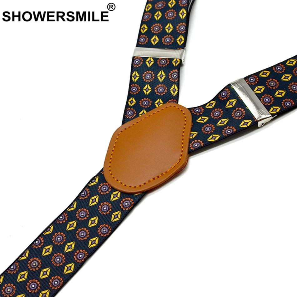 SHOWERSMILE-서스펜더 바지 남성 썬 플라워 프린트 스트랩 3 클립 서스펜더 Y 등 조절 가능 블랙 브레이스, 남성 서스펜더 벨트