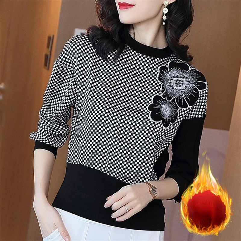 Women Spring Autumn Blouse Embroidery Printed Patchwork Long Sleeve Lattice Casual Tops Elegant Fashion Loose Female Tee Shirt