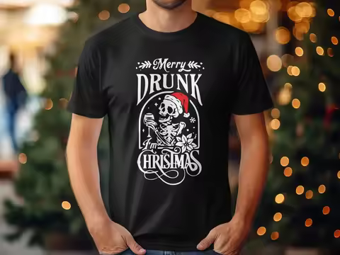 Funny Christmas Skeleton Drinking T Shirt Merry Drunk I m Holiday Humor Festive Santa Hat Design