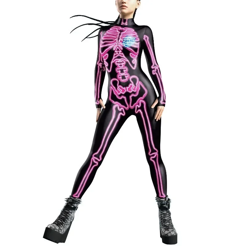 Halloween Cosplay Ghost Skull Skeleton 3D Print Bodysuit Casual Role Play Costume Bottom Carnival Party Coverall Skinny Jumpsuit