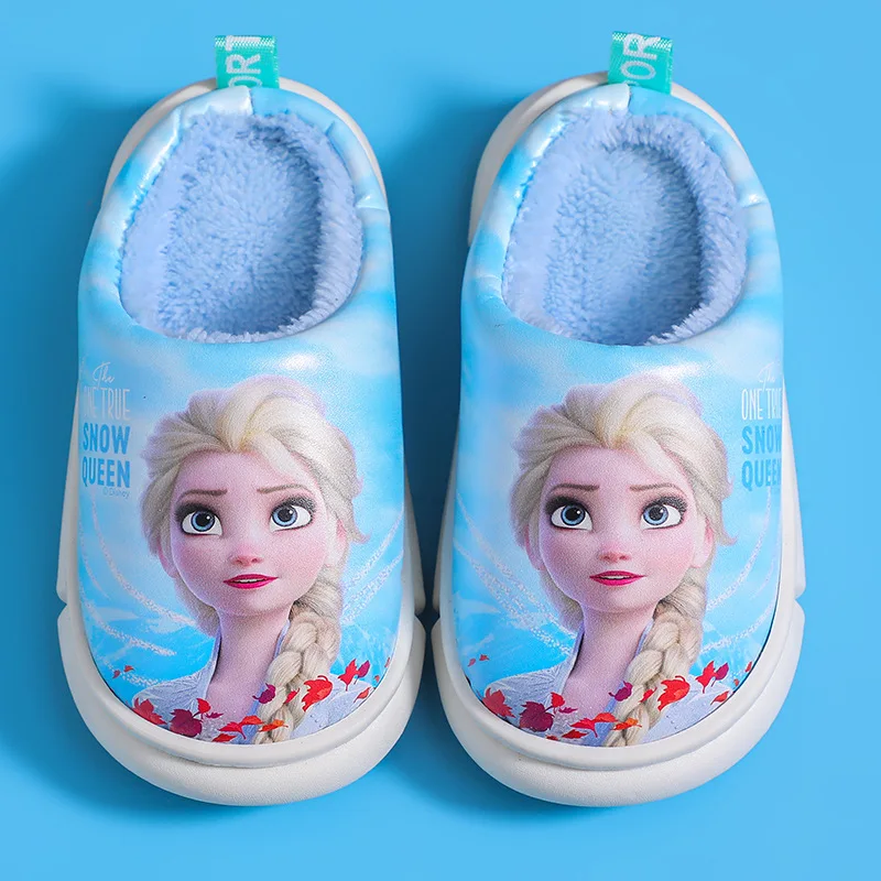 Disney Princess Elsa Children\'s Autumn Winter Cotton Slippers Girls PU Leather Waterproof Home Indoor Warm Non-Slip Cotton Shoes