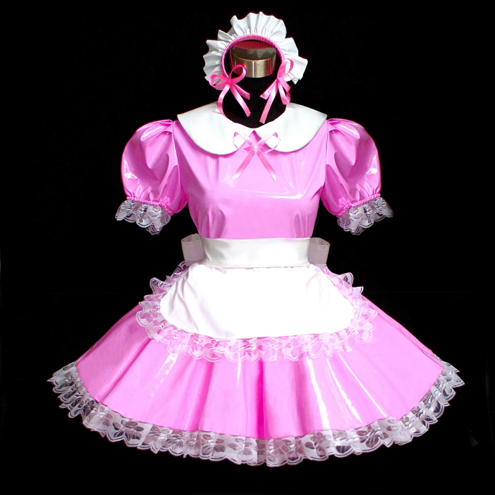 Fondcosplay adulto sexy cruz vestir sissy empregada curto rosa fino vestido de pvc com tampa uniforme peter pan colarinho feito sob encomenda [g495]