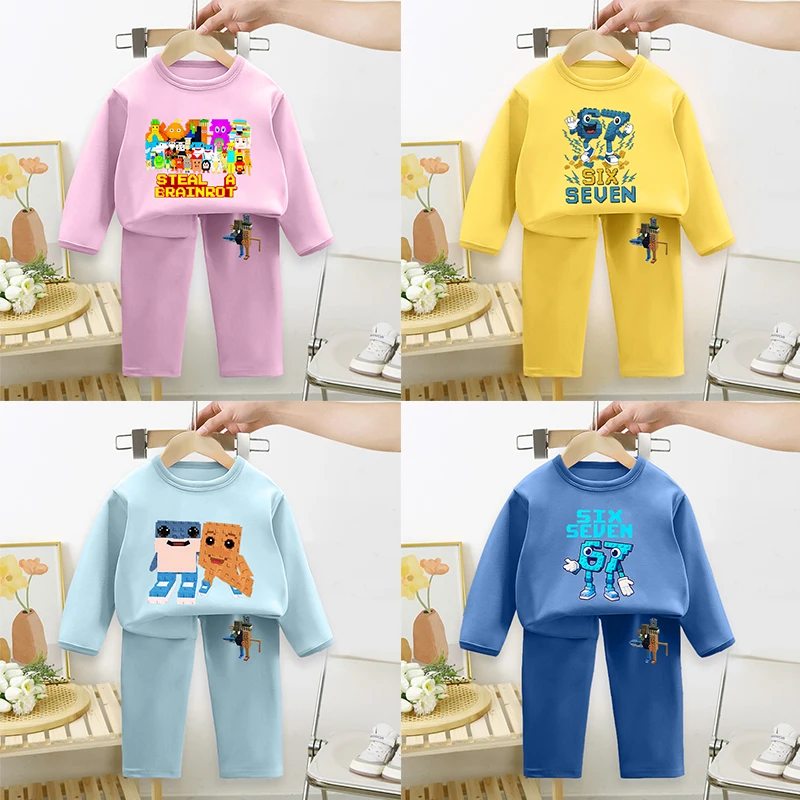 

67 Kids Pajamas Set Steal A Brainrot Sleepwear Clothing Six Seven Long Sleeved Long Pants Comfortable Baby Shirt Tops Home Wear