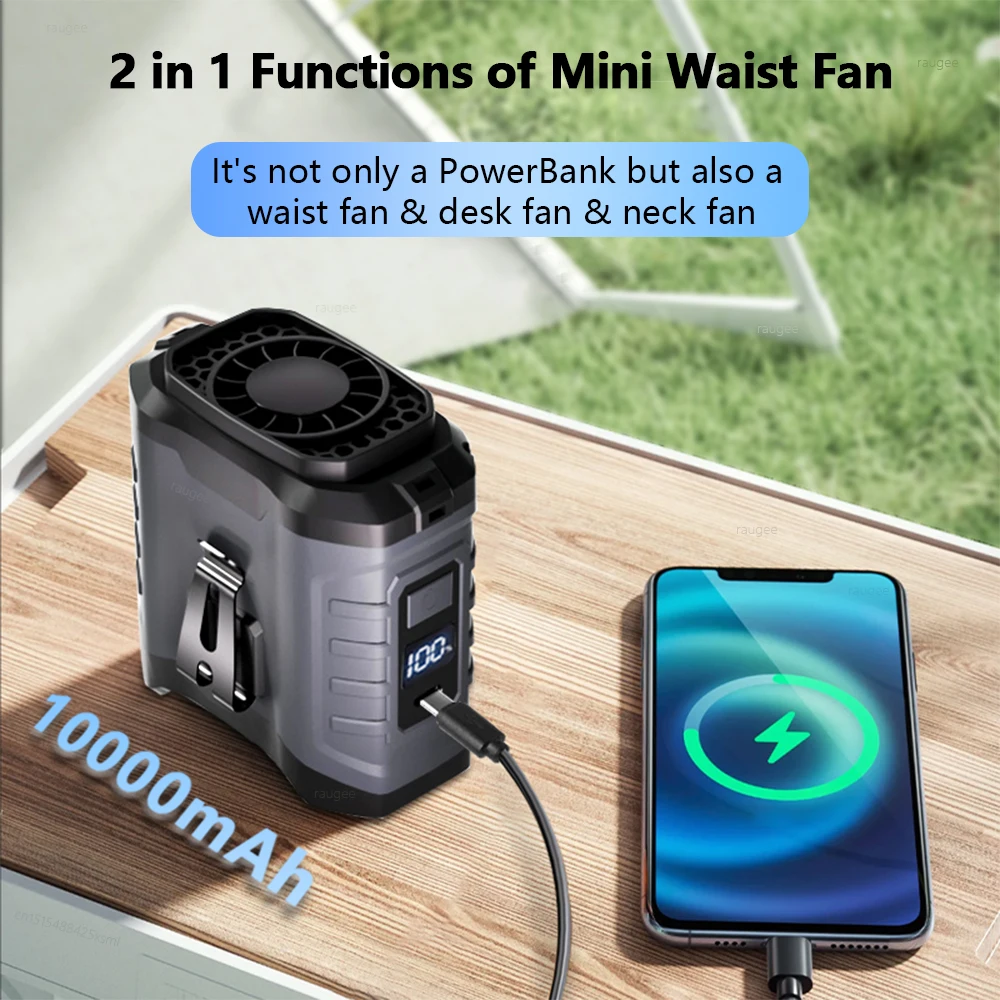 Waist Clip Fan Portable Outdoor Waist Fan With Power Bank 10000Mah Wearable USB Rechargerable Clip Fan For Sports Working