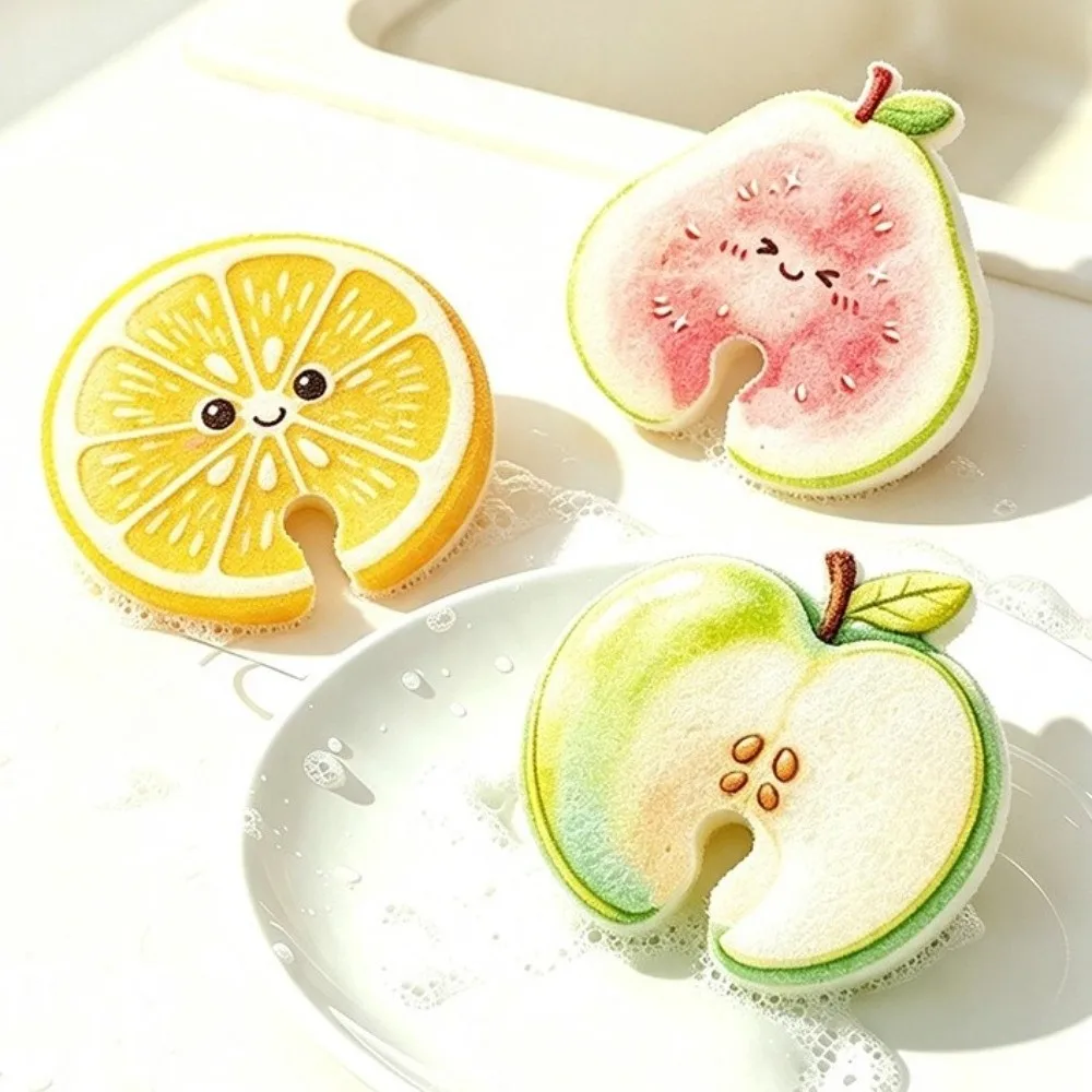 3Pcs Absorbent Kitchen Dishwashing Sponge Quick Dry Dual-Sided Cute Fruit Dish Scrubber Compressed Cellulose Thickened