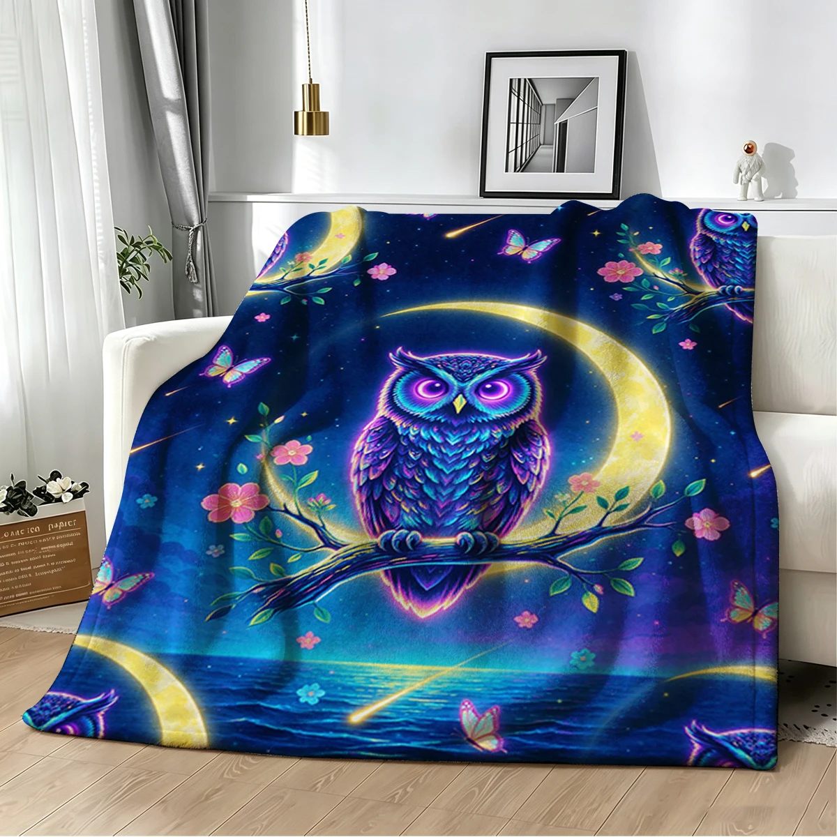 Neon Owl Halo Moon Repeat Flannel Blanket Warm Soft Halloween Christmas Decorative Couch Warm Cozy All-Season Gift