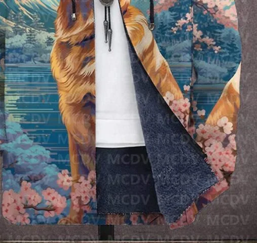 Men's Retro Print Plush Thick Long-Sleeved Coat Cardigan Dog 3D Prined Fleece Hooded Overcoat Unisex Thick Warm Jacket