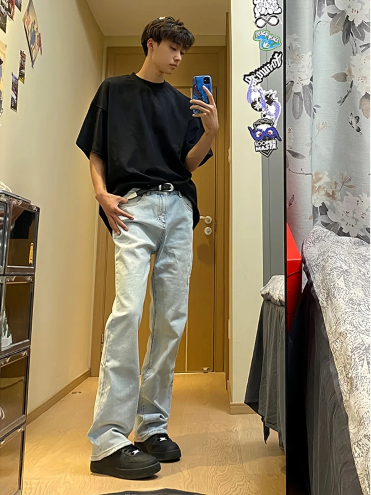 

Elastic Light Blue Straight Leg Men's Jeans American Style High Street Summer Clean Fit Long Pants Trendy Straight Cut Jeans