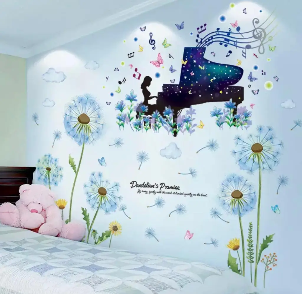 

beibehang Custom wallpaper mural Nordic hand-painted card dandelion piano children's room interior background wall