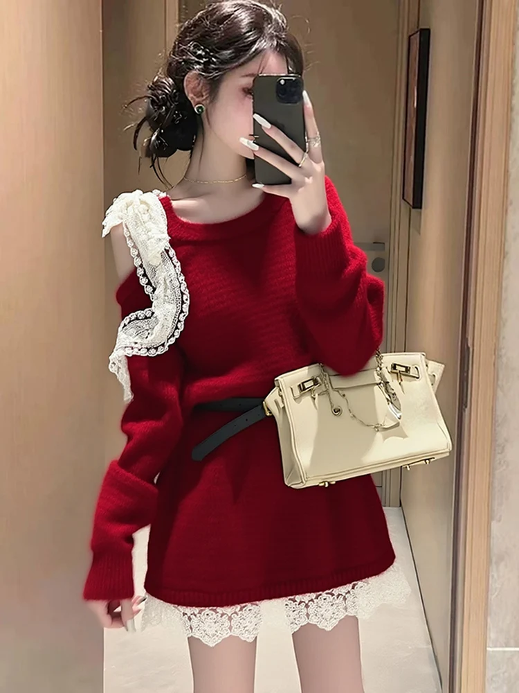 เสื้อไหมพรมผู้หญิงสไตล์เกาหลี แต่งขอบลูกไม้เนื้อนุ่ม ดีไซน์หวาน สไตล์ลำลอง ทรงเอไลน์ รุ่นใหม่ล่าสุดสำหรับฤดูใบไม้ร่วงและฤดูหนาว