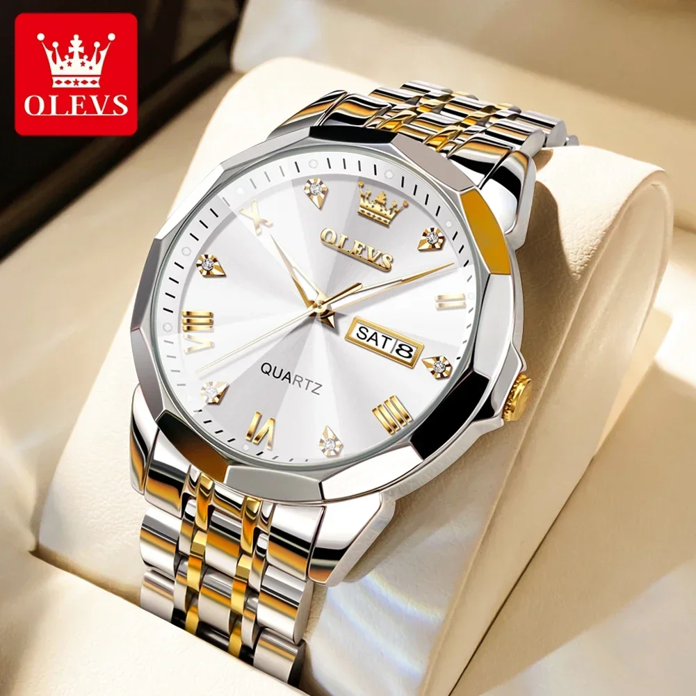 

OLEVS Original Quartz Men's Watches New Rhombus Mirror Stainless Steel Male Wrist Watch Date Week Waterproof Watch for Men Clock