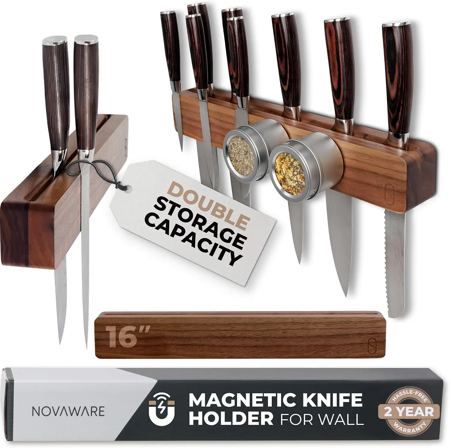 Walnut 16 inch Magnetic Knife Holder for Wall with 2x Storage & Charming Wood - Knife Magnetic Strip, Under Cabinet Magnet Knive
