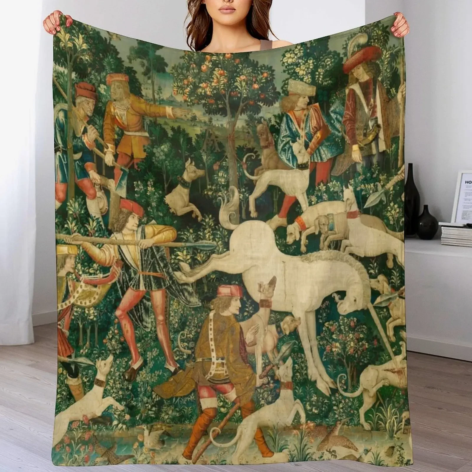 The Hunt of the Unicorn Tapestry. The unicorn defends himself (From Unicorn tapestries) Throw Blanket Large Blankets