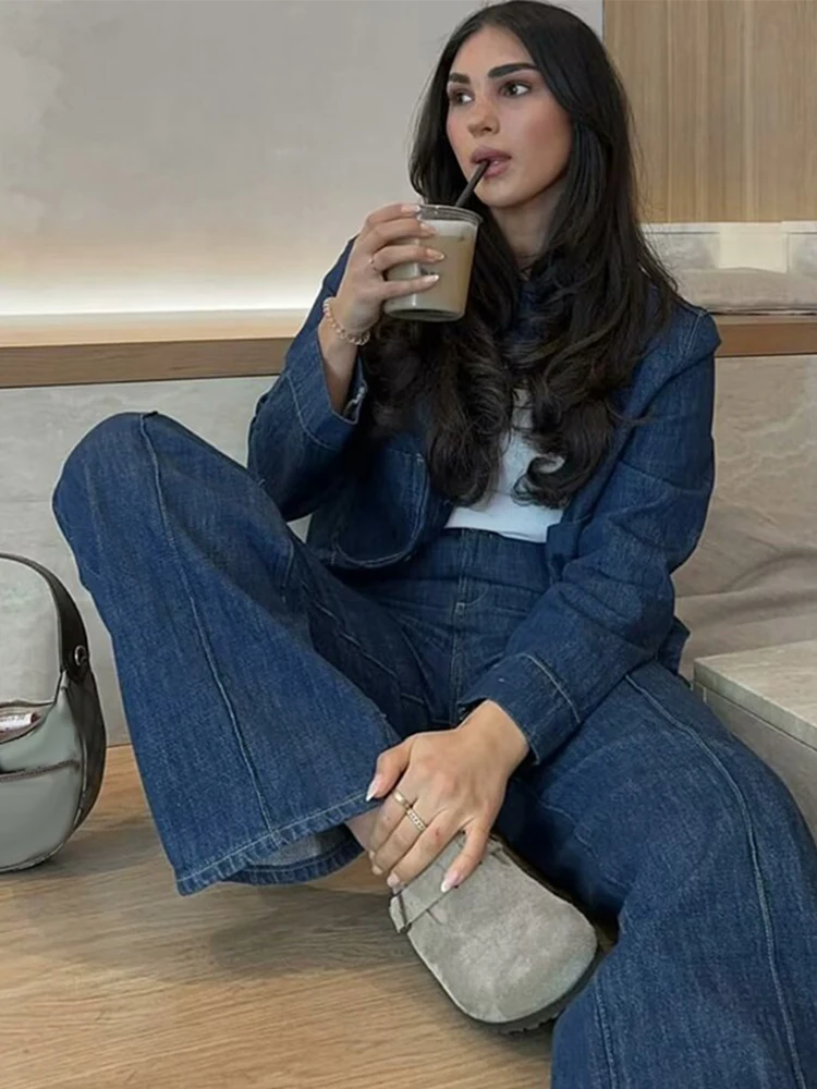 

Модный комплект из джинсовой куртки и брюк, Женский однобортный Топ с О-образным вырезом и длинным рукавом и брюки, женский костюм, новая женская одежда для работы