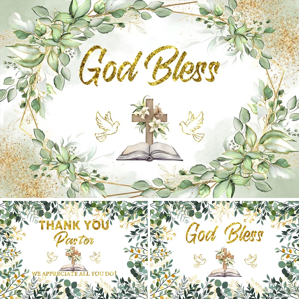 

Mi Primera Conmunion Backdrop God Bless The First Eucharist Party Baptism Decor Chalice Doves Green Leaf Photography Background