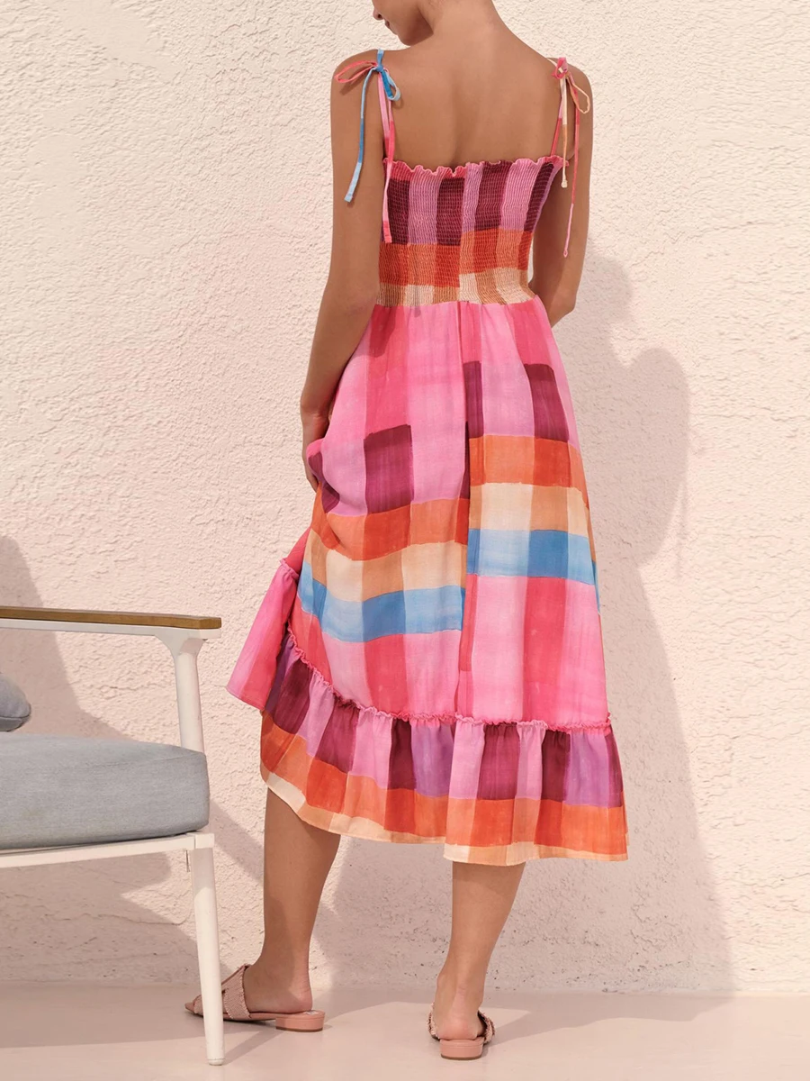 Women Casual Slip Dress Summer Sleeveless Tie-up Plaid Smocked Midi Dresses Female Elegant Evening Party Sundress for Cocktail