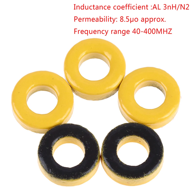 5pcs T37-6 Iron Powder Cores 9.5*5.2*3.3mm AL=3.0nH/N2 8.5uo Iron Dust Core Ferrite Toroid Core Coating Yellow Gray