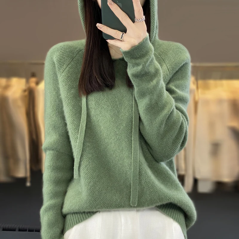 100% Pure Woolen Sweater Women's 2023 Autumn/Winter New Loose Pullover Hoodie Fashionable Outwear Hooded Knit Long Sleeve Casual