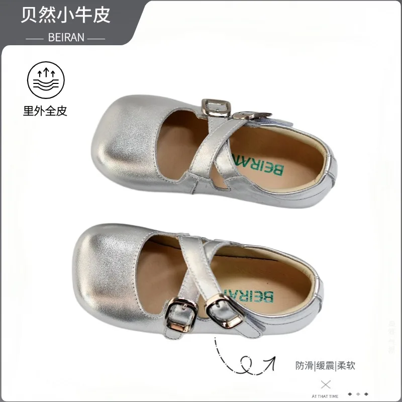 Girls' cross-strap leather shoes, spring/autumn new style, Velcro, soft sole, genuine leather, silver/black children's shoes