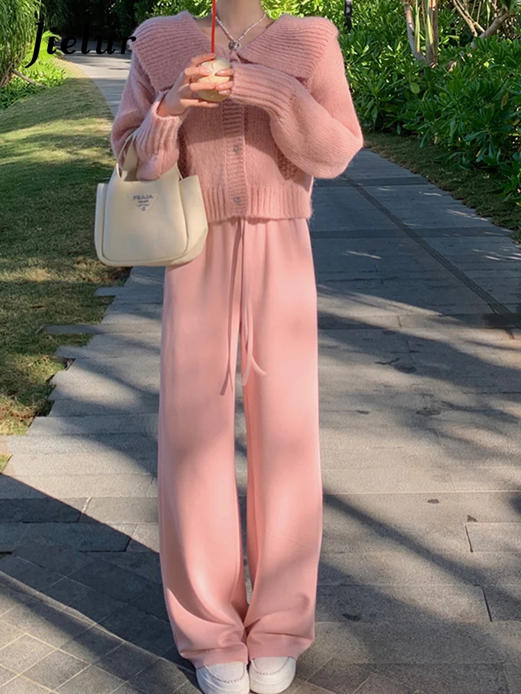 

Jielur New Sweet Single Breasted Solid Color Knitted Female Cardigan Autumn Loose Office Lady Light Blue Pink Sweater for Women