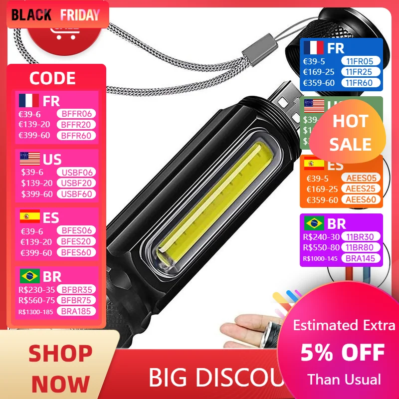 Built-in Battery LED Flashlight USB Rechargeable T6 COB Torch Zoom 5 Modes Flash Light Magnetic Attraction Waterproof Outdoor