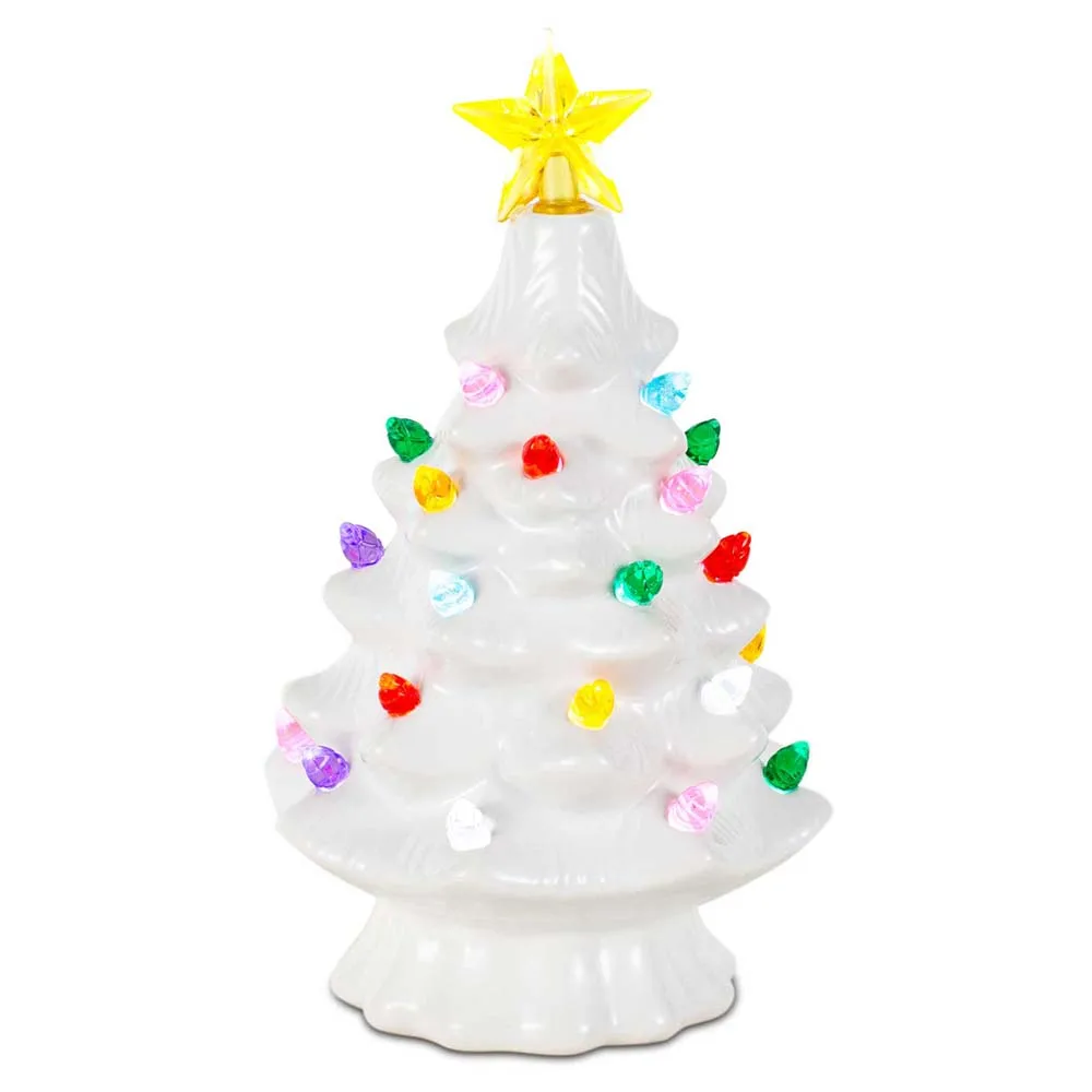 7 Inch Ceramic Christmas Village Decor Tree LED Topper Star Multicolored Lights Decorative Atmosphere Centerpiece Table Display