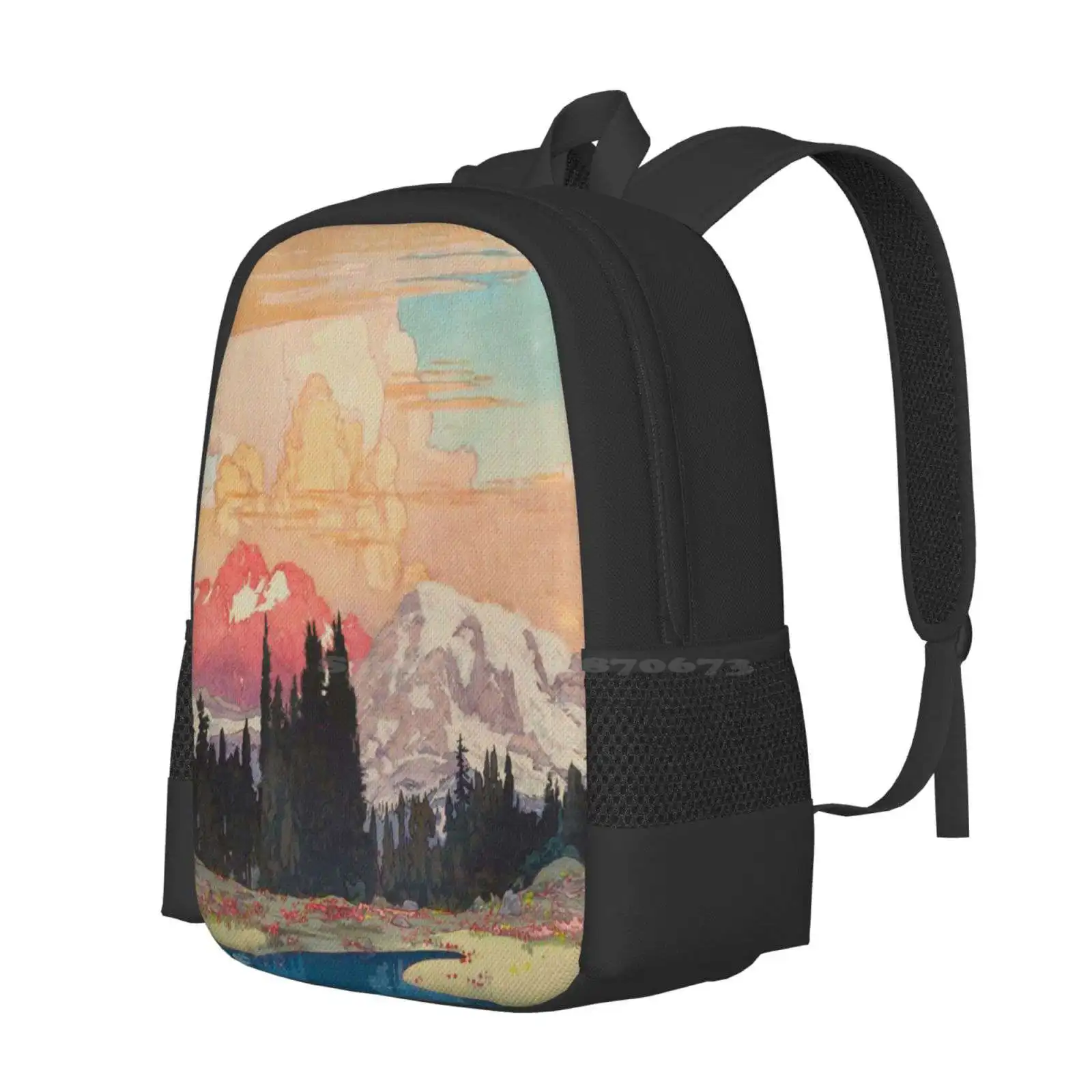 Storms Over Keiisino Pattern Design Laptop Travel School Bags Asian Japanese Ukiyo E Mountains Sunset Snow Clouds Lake Trees